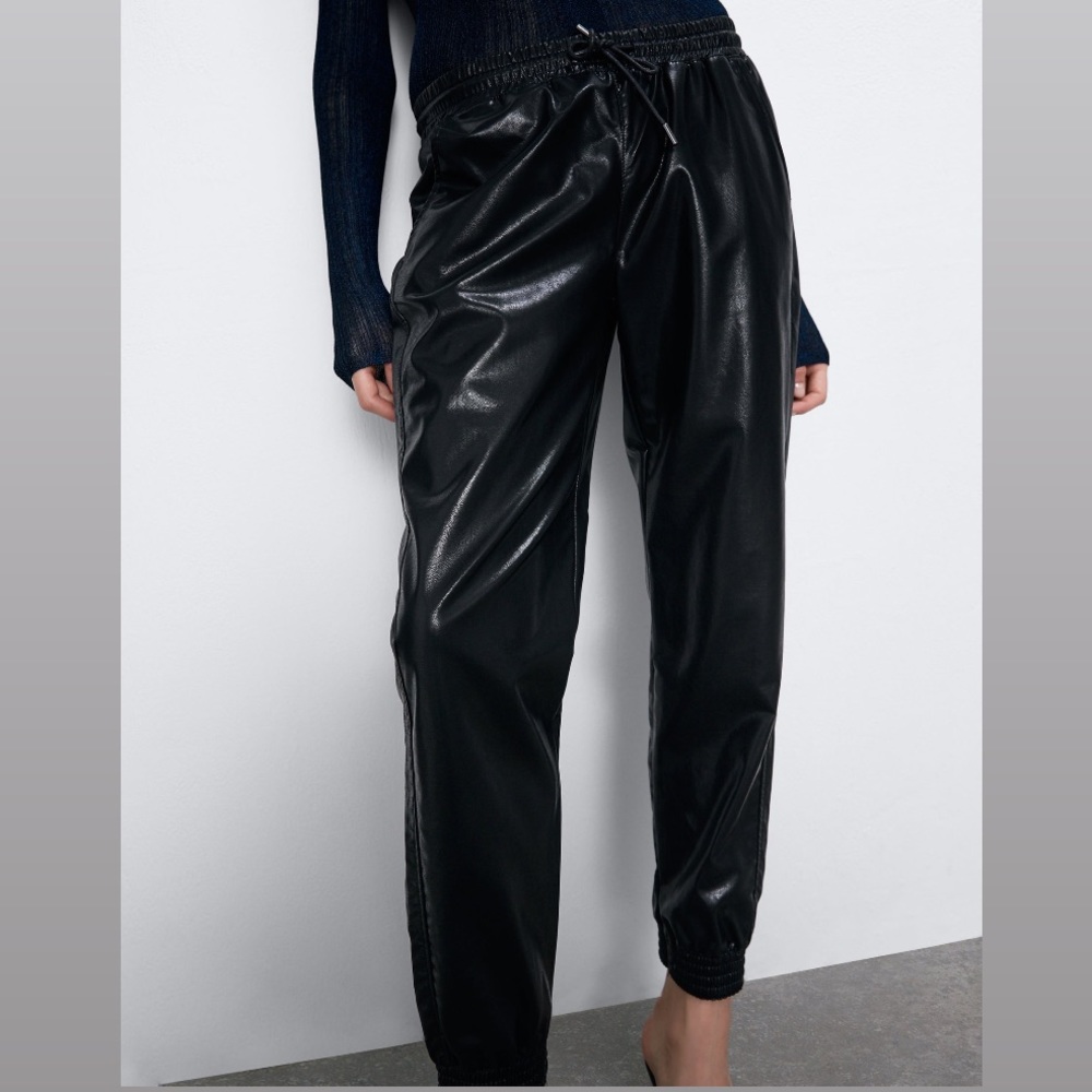 Zara LEATHER JOGGING TROUSER PANT HighWaist Pocket